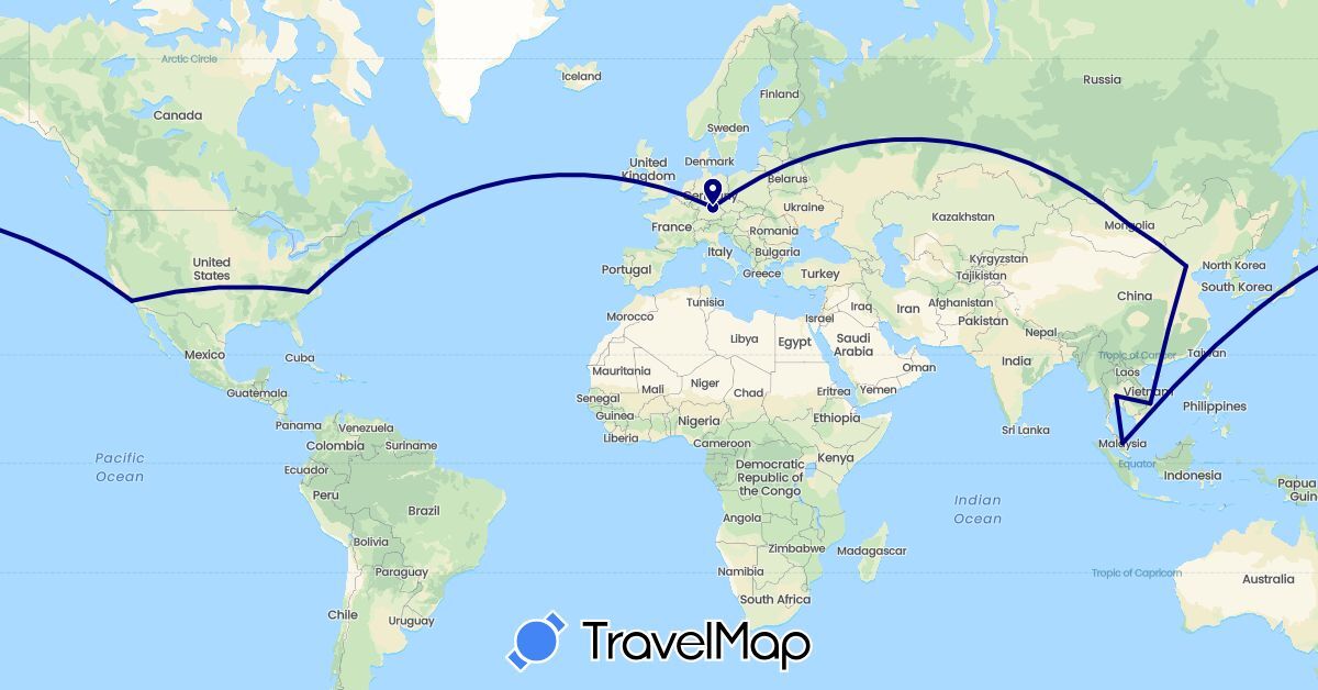 TravelMap itinerary: driving in China, Germany, Mongolia, Malaysia, Thailand, United States, Vietnam (Asia, Europe, North America)